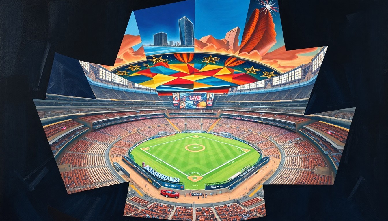 A cubist, geometric painting depicting the fractured, multi-angled view of a Las Vegas sports stadium or arena, capturing the city's transformation into a premier destination for professional sports.
