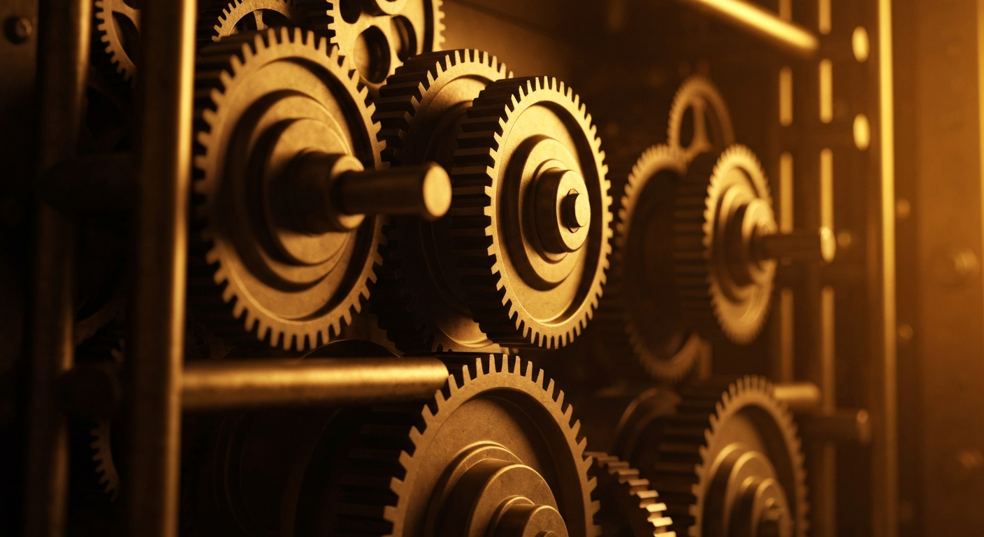 A close-up view of heavy, industrial banking machinery and gears in a warm amber glow, representing the secure infrastructure of the mortgage-backed securities market.