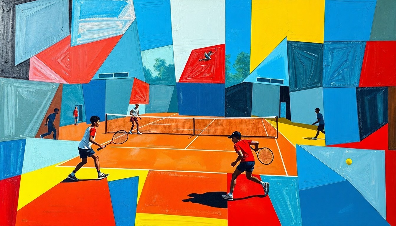 A fragmented, geometric painting in bold primary colors depicting an abstract tennis match, conveying the competitive energy and individual talent that led the Central Plains Oilers to victory.