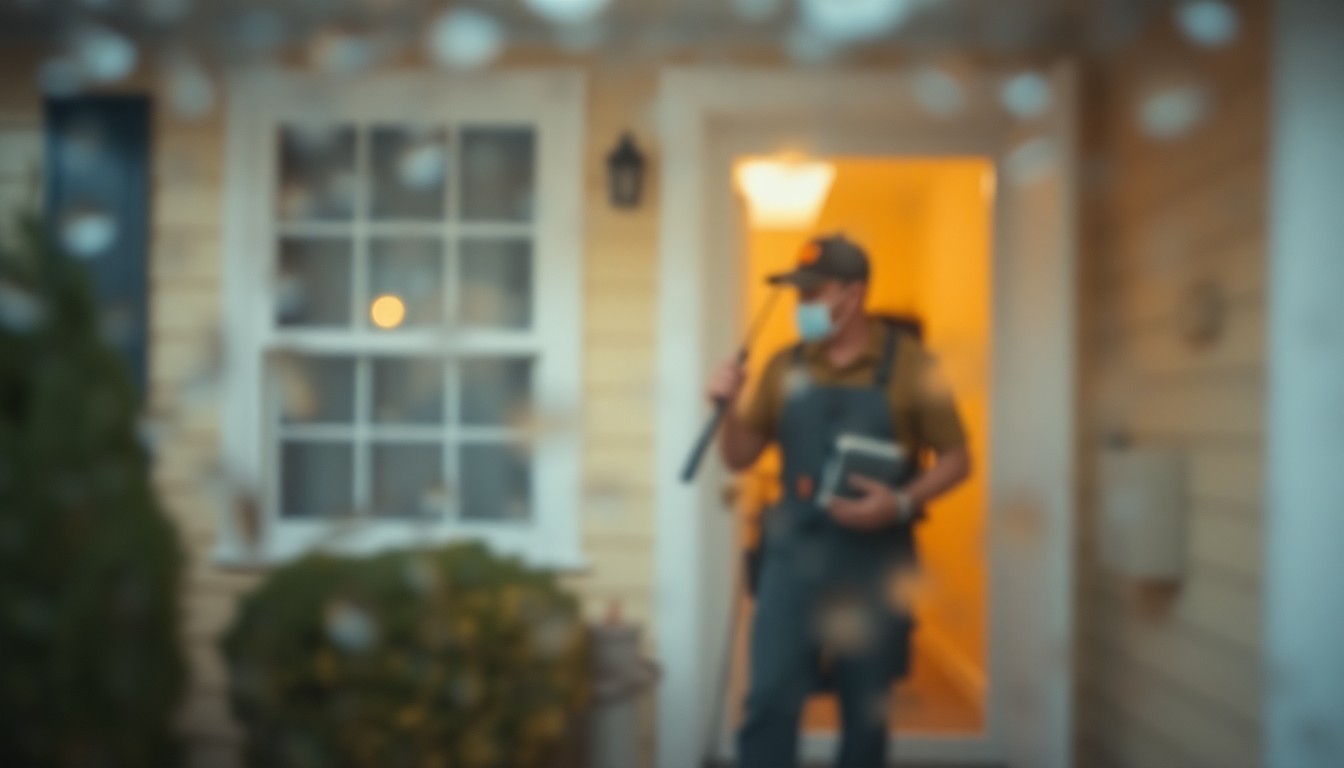 An abstract, out-of-focus image showing the blurred silhouette of a pest control technician inspecting a home, conveying the gentle, sustainable nature of Mint Pest Services' methods.
