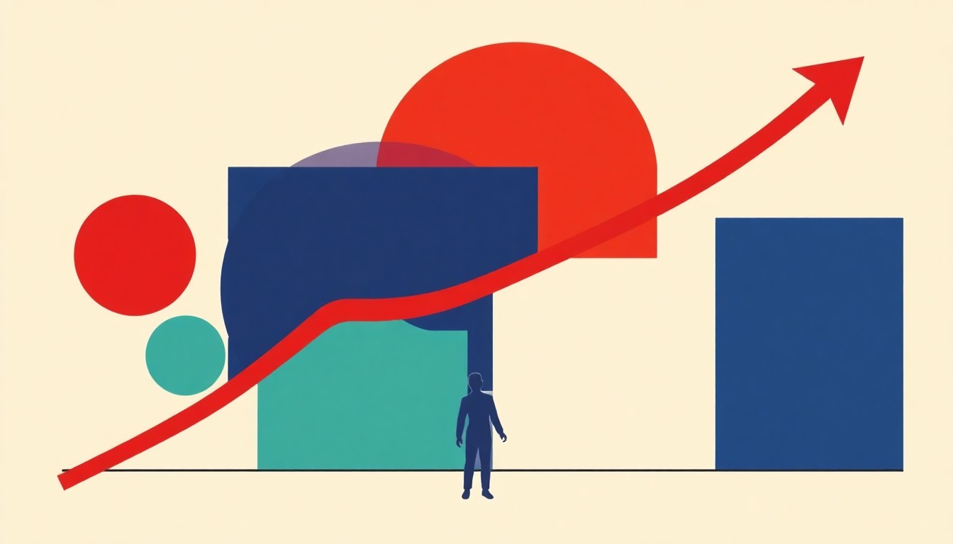 A vibrant abstract illustration using simple geometric shapes and primary colors to conceptually represent the growth in U.S. jobs across different sectors of the economy.