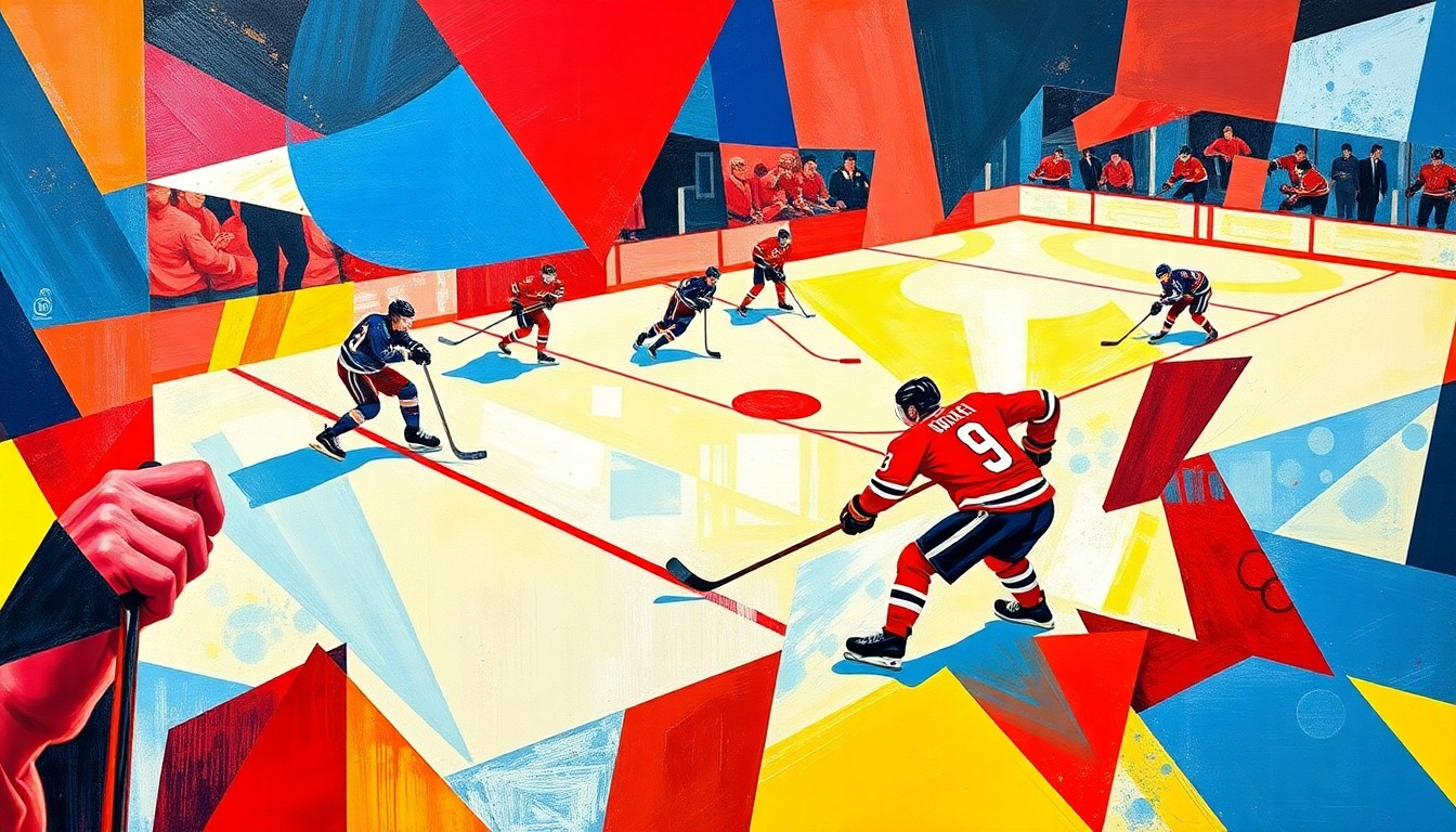 A cubist-style painting featuring fragmented, angular shapes in red, blue, and yellow, representing the dynamic movements and action of a hockey game.