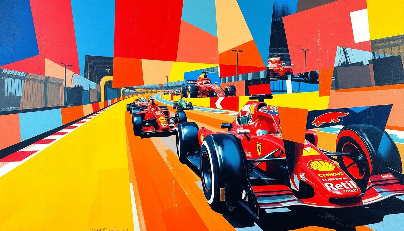 A cubist, geometric painting in bright primary colors depicting the dynamic action of a Formula 1 race, with the cars and track fractured into overlapping planes to convey the high-energy, fast-paced nature of the sport.