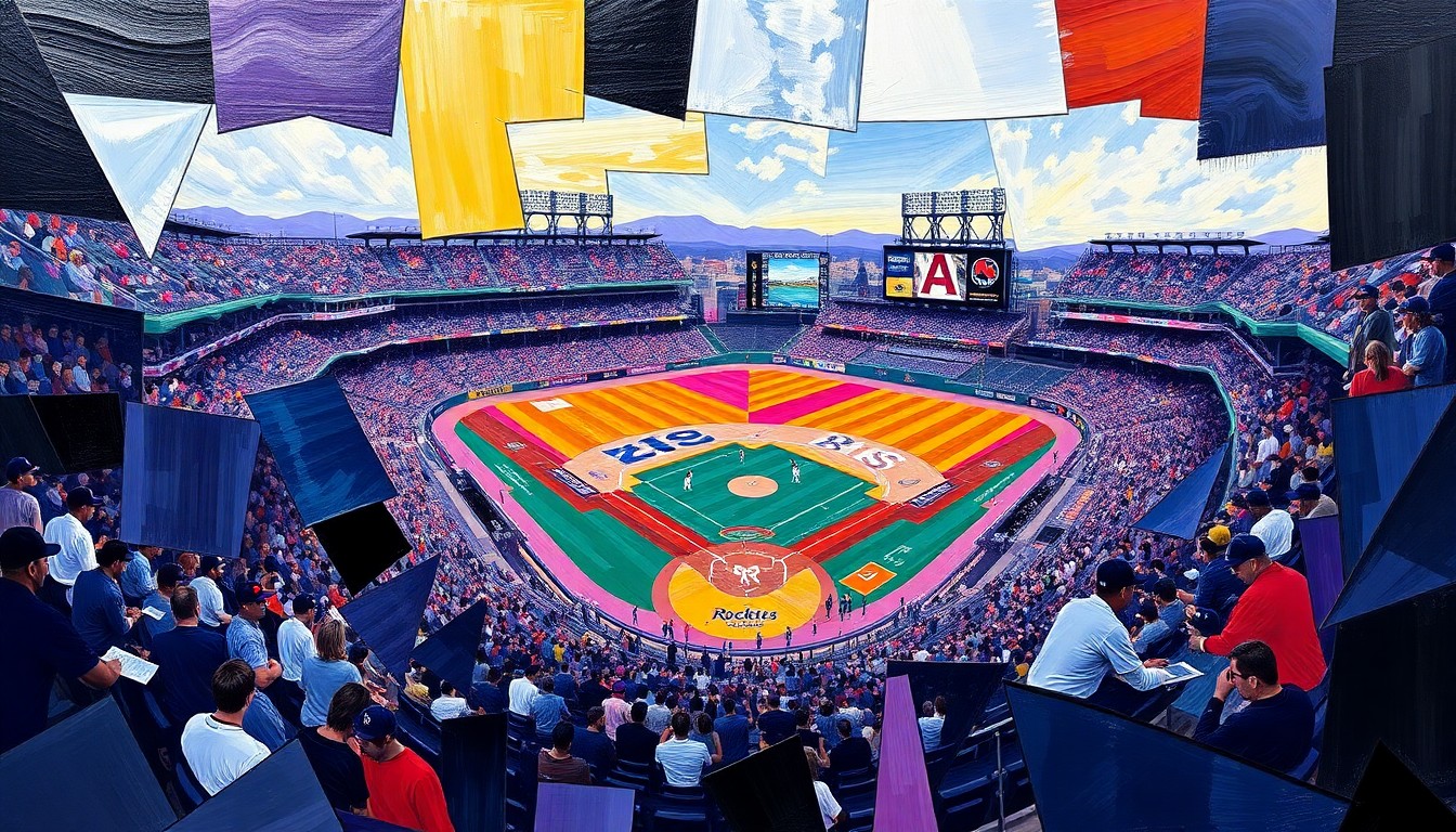 A fractured, geometric painting in vibrant Rockies colors depicting the action and atmosphere of a baseball game, conveying the spirit of the annual Opening Day celebration in downtown Denver.