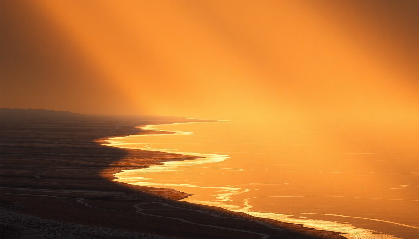 A serene, cinematic painting depicting the receding shoreline of the Great Salt Lake, with the lake's waters reflecting the warm, golden light of the setting sun. The scene evokes a sense of melancholy and urgency surrounding the environmental crisis facing this unique natural wonder.