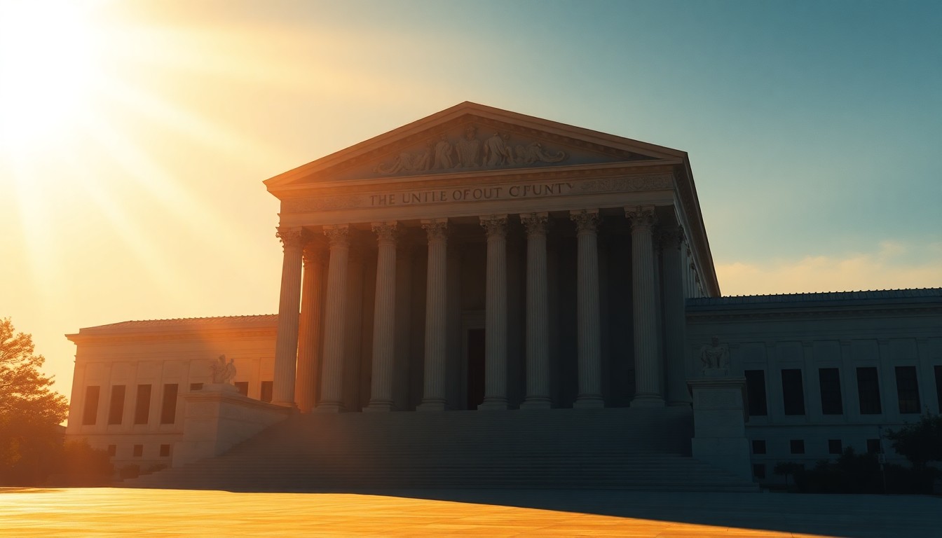 A serene, cinematic painting of the Supreme Court building in warm, golden light, conveying the solemn nature of the institution.