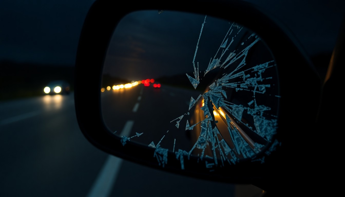 An extreme close-up photograph of a shattered car side mirror reflecting the faint outline of a dark highway, conceptually illustrating the aftermath of a fatal pedestrian collision.