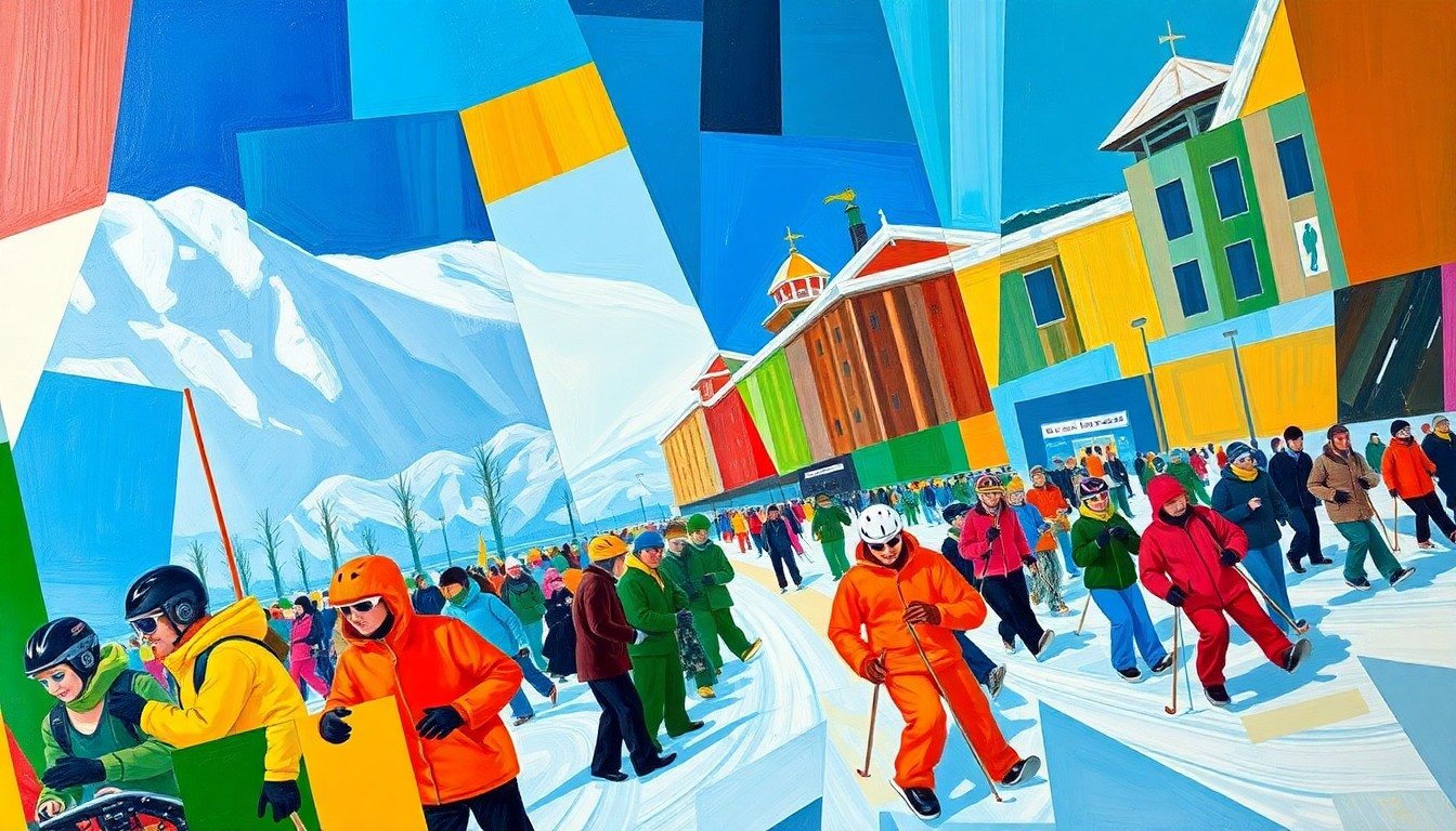A fragmented, geometric painting in bold colors depicting a winter sports parade, with figures and objects broken down into sharp, overlapping planes.
