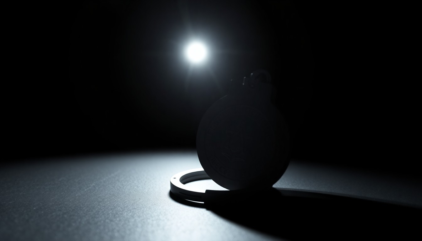 An extreme close-up photograph of a police badge or handcuffs lit by a harsh, direct camera flash against a pitch-black background, creating a stark, gritty, investigative aesthetic.