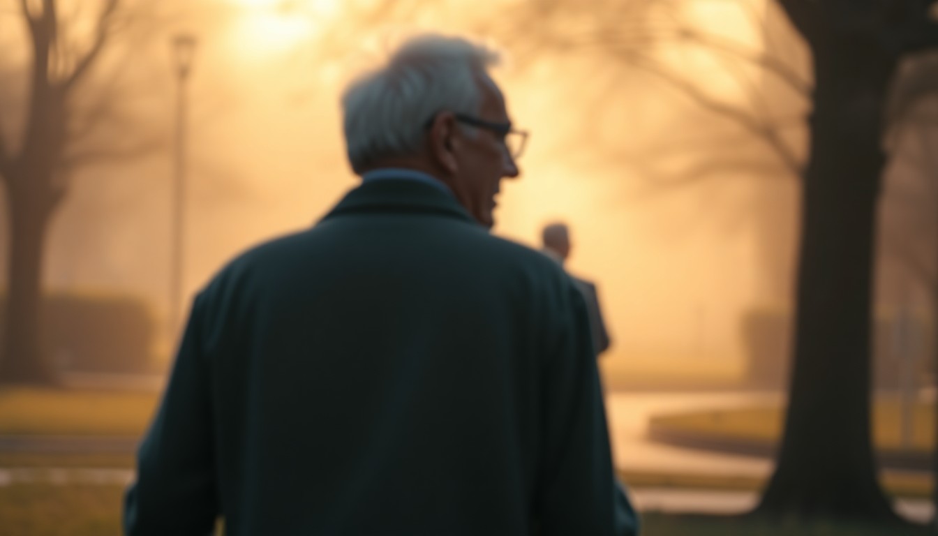 An abstracted, out-of-focus photograph of an elderly man and woman walking together, their figures blurred in a warm, hazy light, conveying a sense of tranquility and the passage of time.