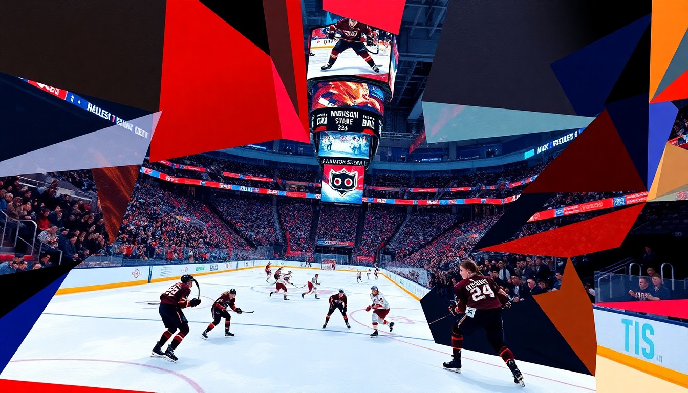 A cubist, geometric painting depicting a women's professional hockey game at Madison Square Garden, with the players' movements and the energy of the crowd represented through bold, angular shapes and vibrant colors.
