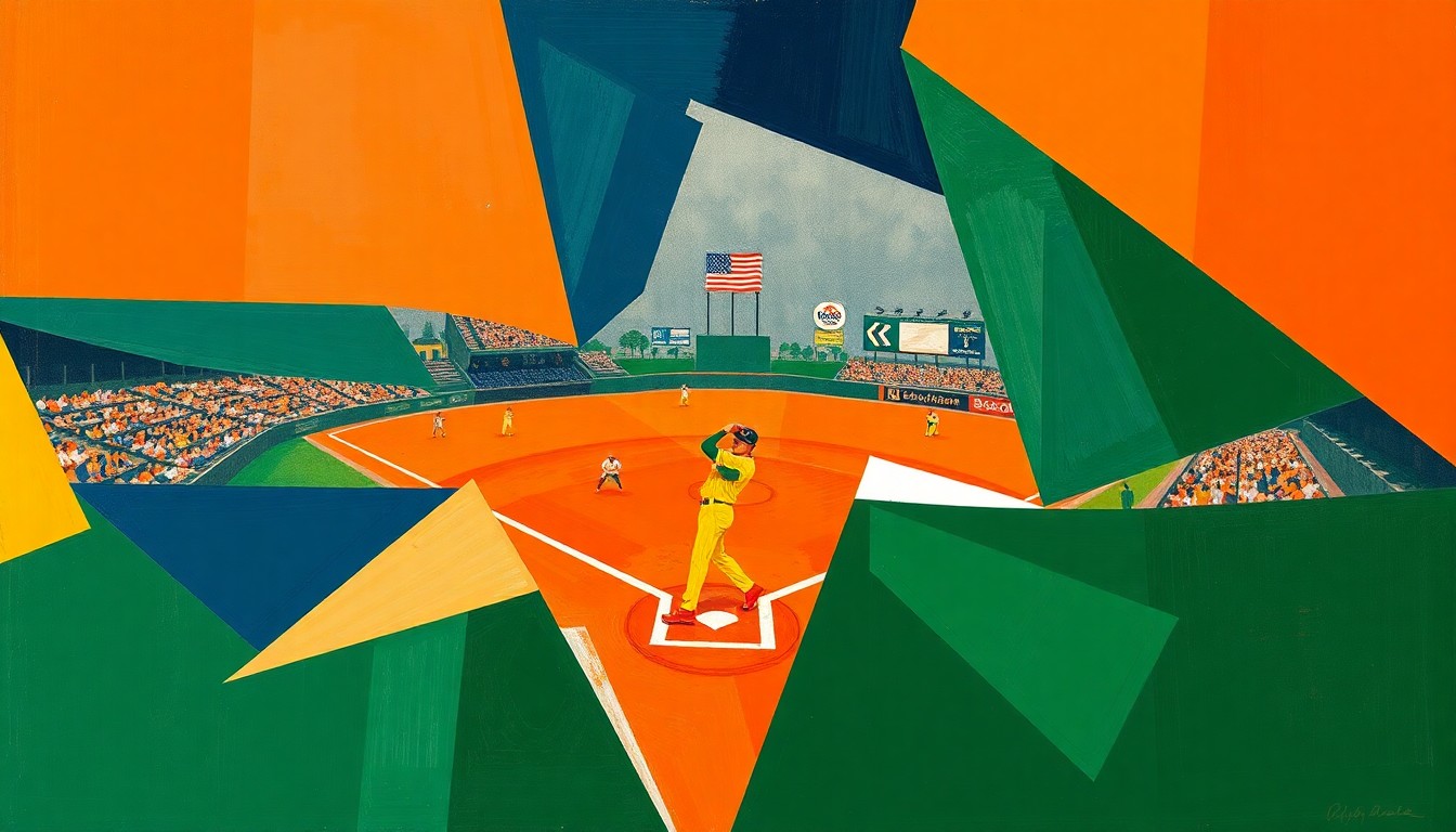 A cubist, geometric painting depicting a softball game broken down into overlapping planes of bright colors, capturing the dynamic action and energy of the sport.