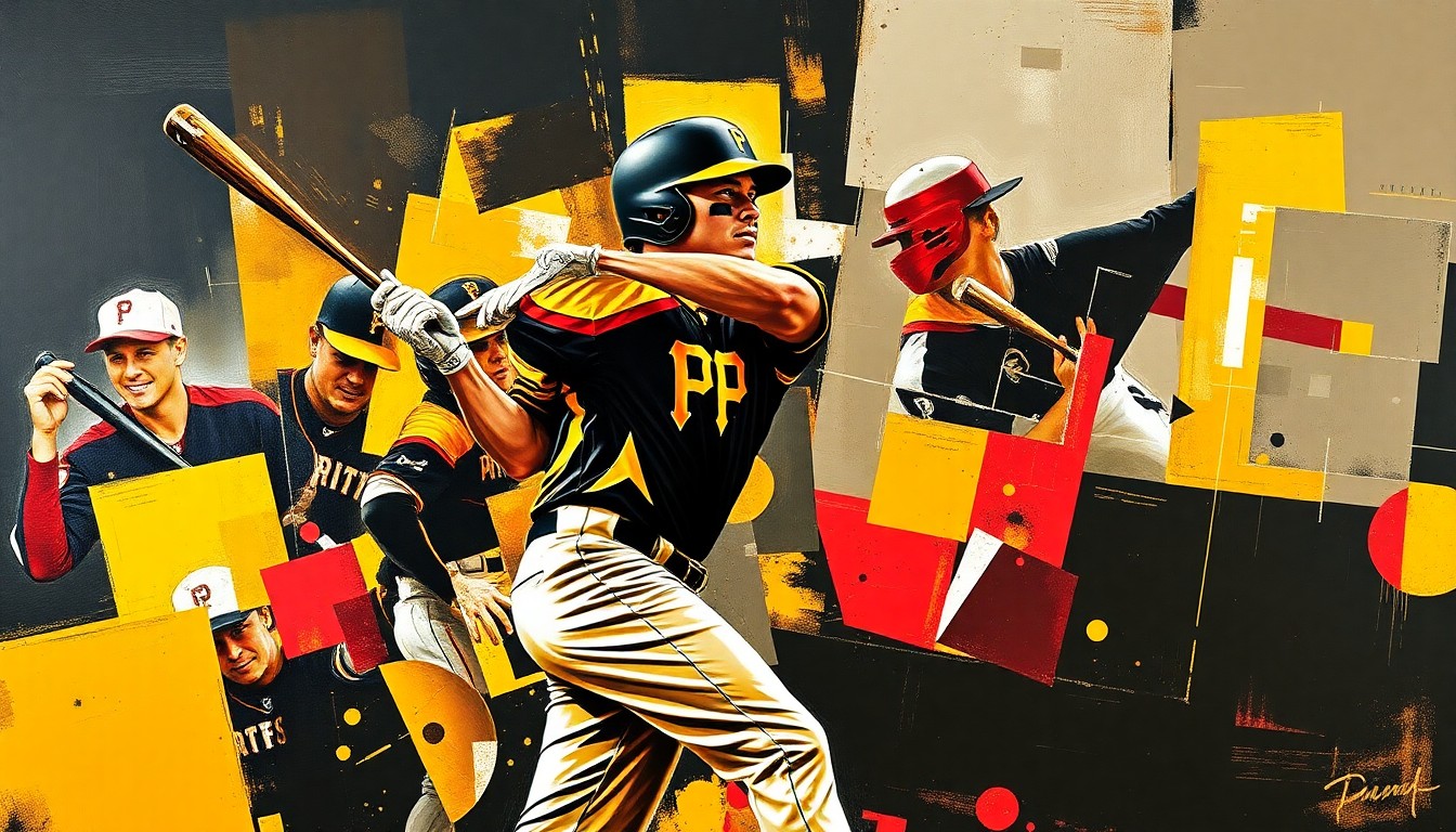 A fractured, cubist-style painting depicting the dynamic motion of a baseball player, with sharp geometric shapes and planes in the Pirates' team colors of black, gold, and red, conceptually representing the excitement and potential of a new player joining the team.