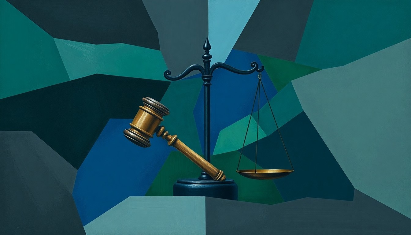 A highly stylized, fragmented painting featuring overlapping geometric shapes and brushstrokes in shades of blue, green, and grey, conceptually representing the political conflict over state oversight of county sheriffs.