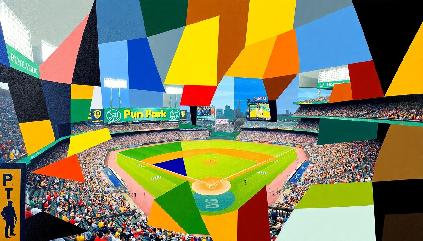 A fragmented, cubist-style painting depicting a baseball game at PNC Park, with the field and stands broken down into sharp, overlapping planes of bright colors representing the team uniforms and fan apparel.