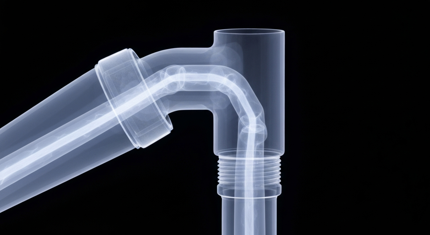A translucent, ghostly X-ray photograph of a school water pipe, with the internal structure and flow of the liquid glowing with an eerie, neon-like quality, conceptually representing the unseen presence of dangerous synthetic opioids in the local water supply.