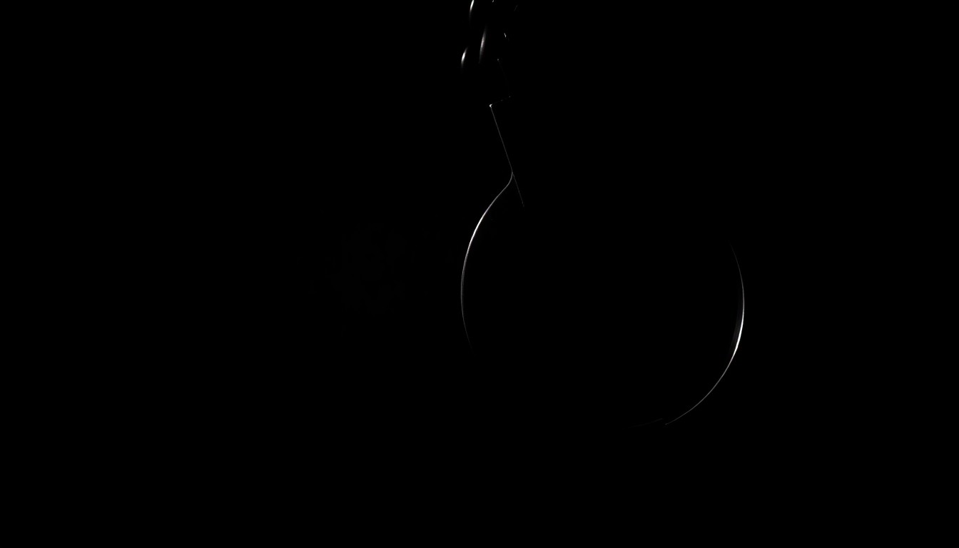 An extreme close-up photograph of a police badge or handcuffs lit by a harsh, direct camera flash against a pitch-black background, creating a stark, gritty, investigative aesthetic.