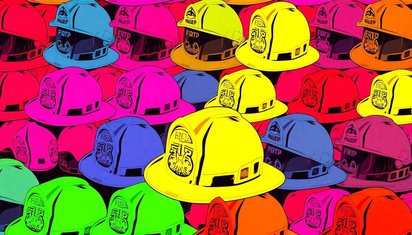 A brightly colored, high-contrast silkscreen print of a firefighter's helmet repeated in a tight grid pattern, conceptually representing the importance of firefighter education and training.