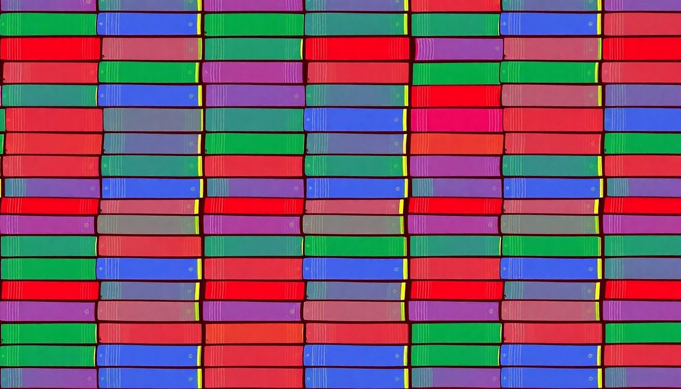 A bold, colorful silkscreen print featuring a repeating grid of stacked hardcover books in shades of blue, green, and red, conceptually representing the academic focus and competitive spirit of the 'City-Wide Word Challenge' event.