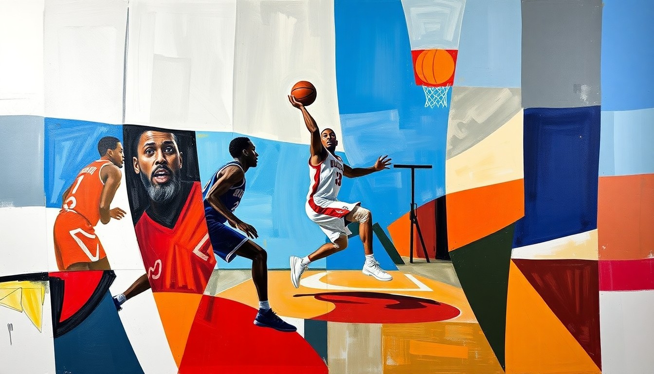 A fragmented, cubist-style painting depicting a basketball defensive play, with sharp geometric shapes and planes representing the movement and energy of the action, without any identifiable figures or text.
