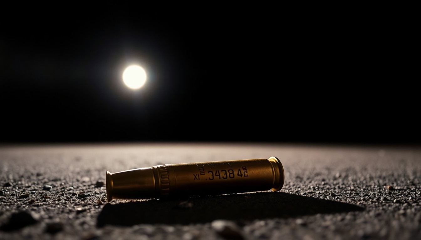 An extreme close-up photograph of a spent shell casing on the ground, lit by a harsh, direct camera flash against a pitch-black background, conveying the stark, gritty, and investigative nature of the crime scene.
