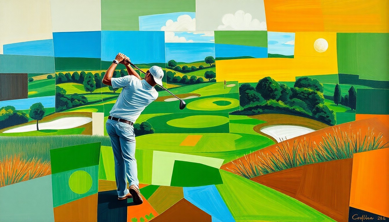A cubist, geometric painting depicting a golfer's swing and the undulating fairways and greens of the Shadow Creek golf course, with sharp, overlapping planes of vibrant green, brown, and blue hues.