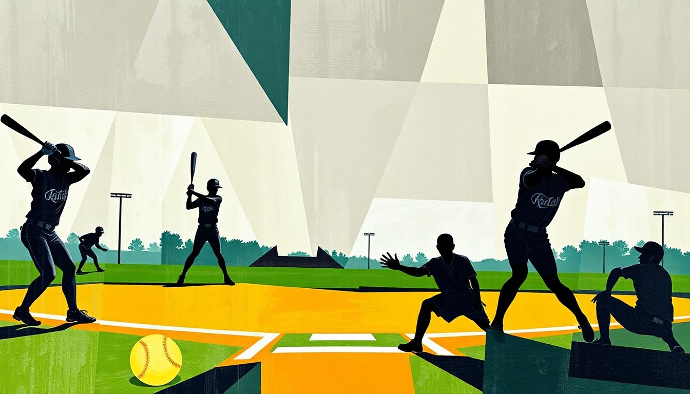 A fractured, multi-perspective painting featuring the silhouettes of softball players in various poses, with the ball and field elements deconstructed into bold, angular geometric shapes, capturing the dynamic energy of the Patriots' doubleheader sweep.