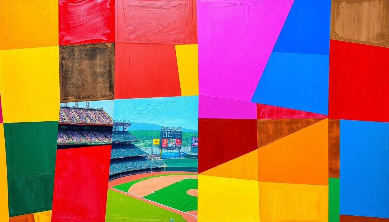 A vibrant, fragmented painting depicting the dynamic movements and competitive energy of a college baseball game, with players and the field rendered in a cubist style using bold geometric shapes and primary colors.