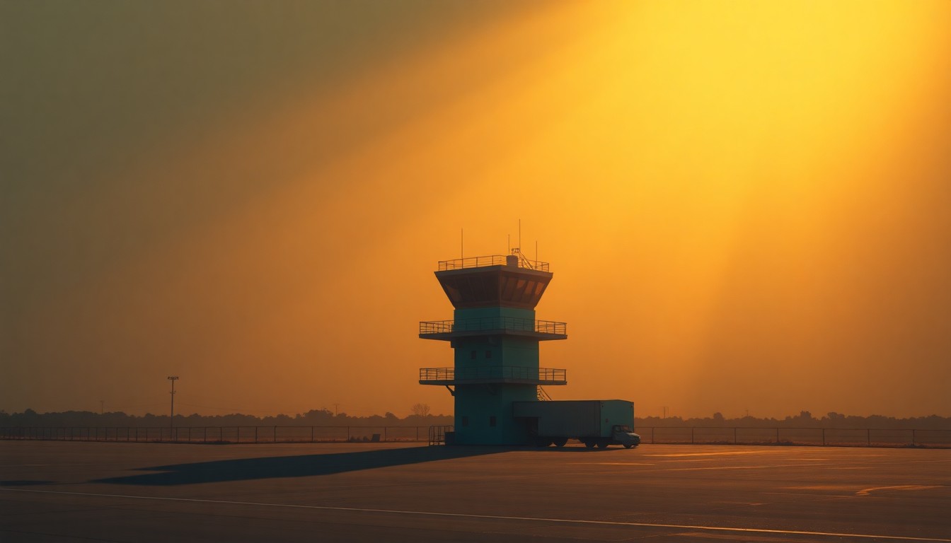 A serene, photorealistic painting of an airport control tower in warm, golden light, conveying a sense of quiet contemplation about the tensions between aviation progress and local impacts.