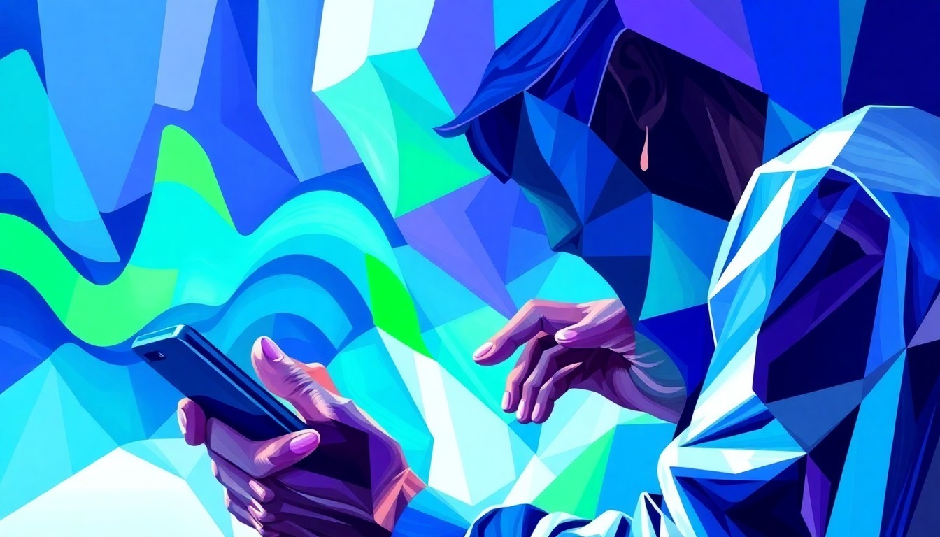 A dynamic, abstract painting featuring overlapping geometric shapes and waves of bright blue, green, and purple colors, conveying the fast-paced and uncertain nature of prediction markets.