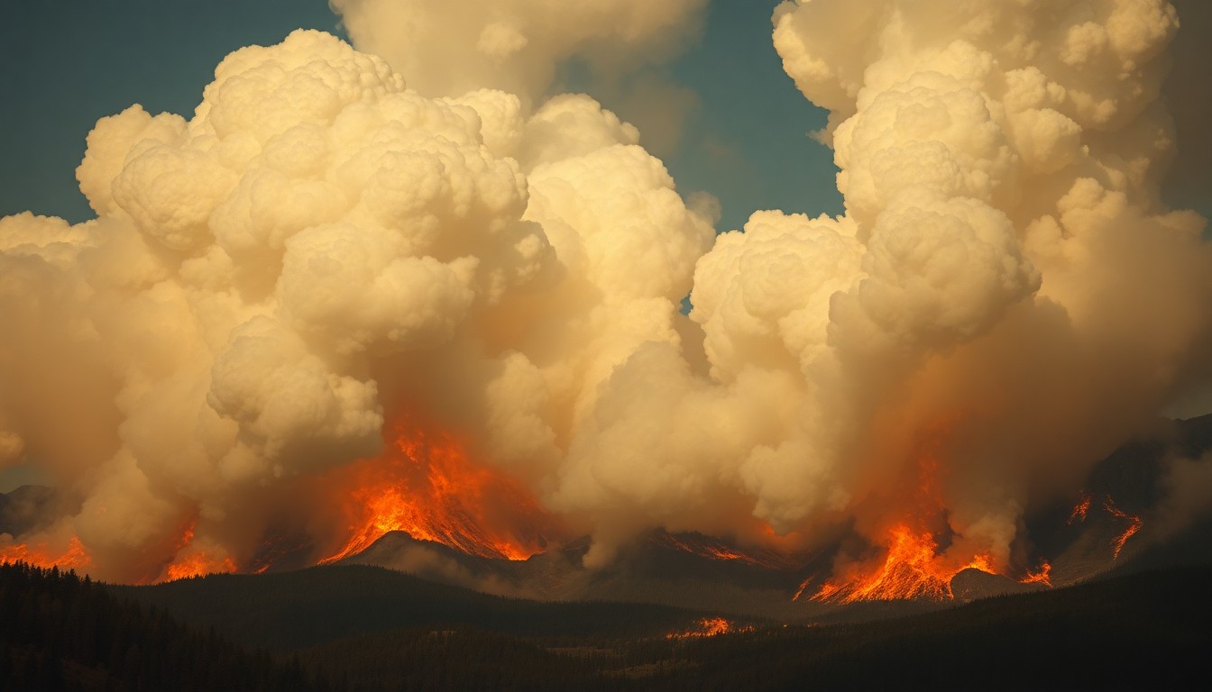A dramatic landscape painting in muted earth tones, with thick brushstrokes of smoke and fire consuming a dense forest, conveying the overwhelming power of a natural disaster.