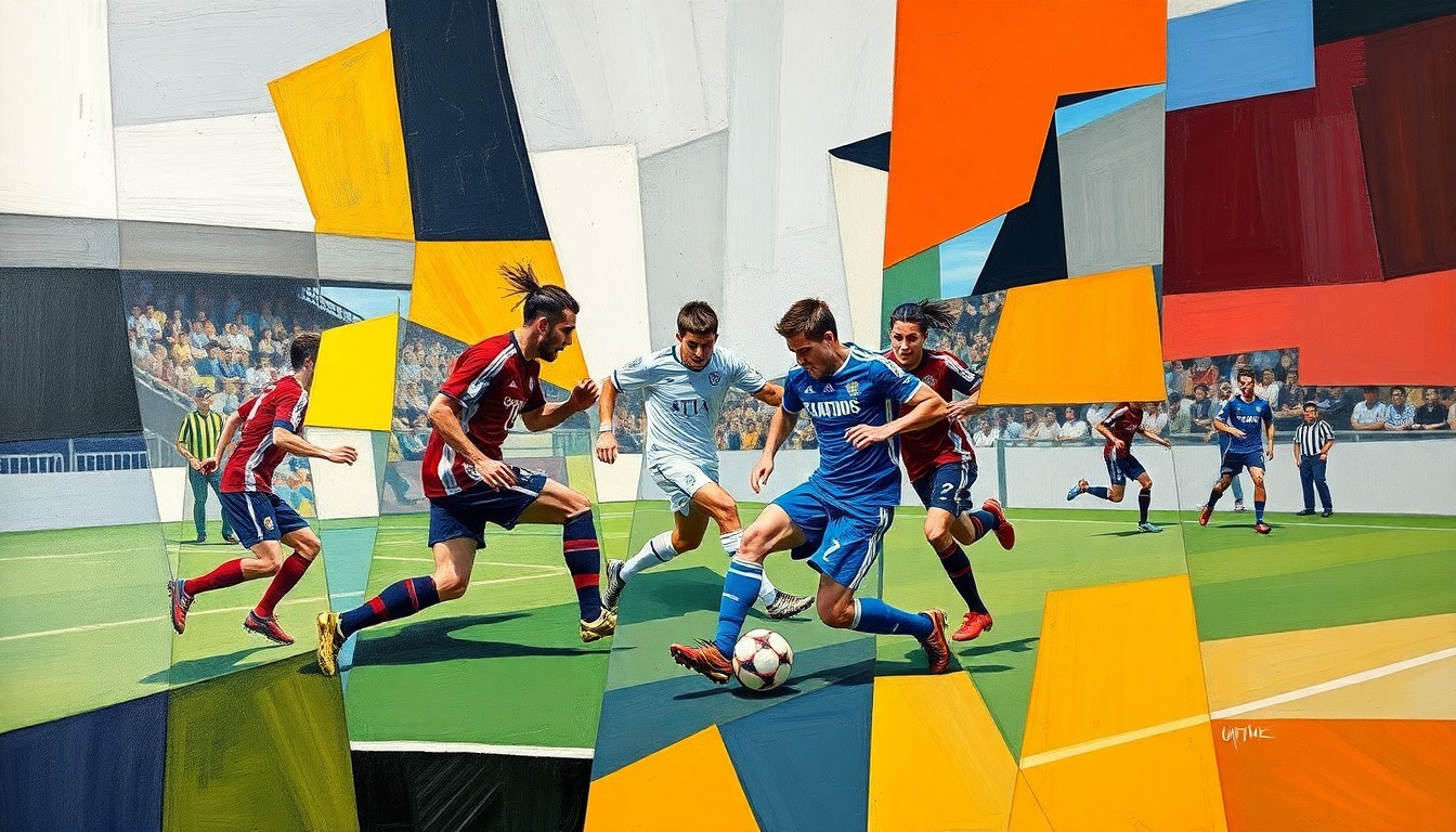 A cubist-style painting depicting a soccer match between two teams, with the players' movements and the energy of the game expressed through sharp, overlapping geometric shapes and planes in the team colors.