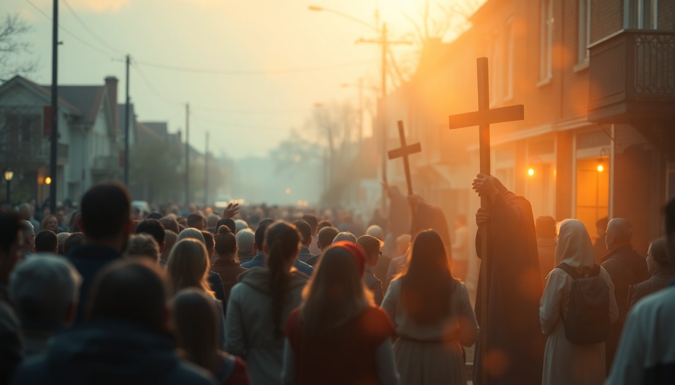 An abstract, impressionistic scene of blurred figures and buildings in soft, warm tones, conveying the atmospheric energy of a crowd gathered to witness a religious reenactment.