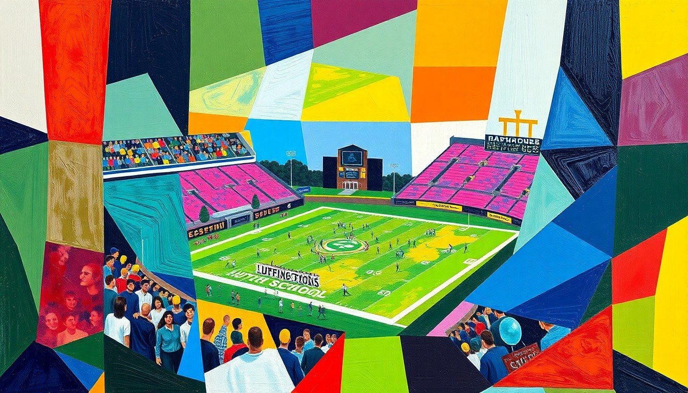 A fragmented, geometric painting in the colors of the Lufkin High School Panthers, depicting the dynamic movements and perspectives of a high school football game in an abstract, cubist style.