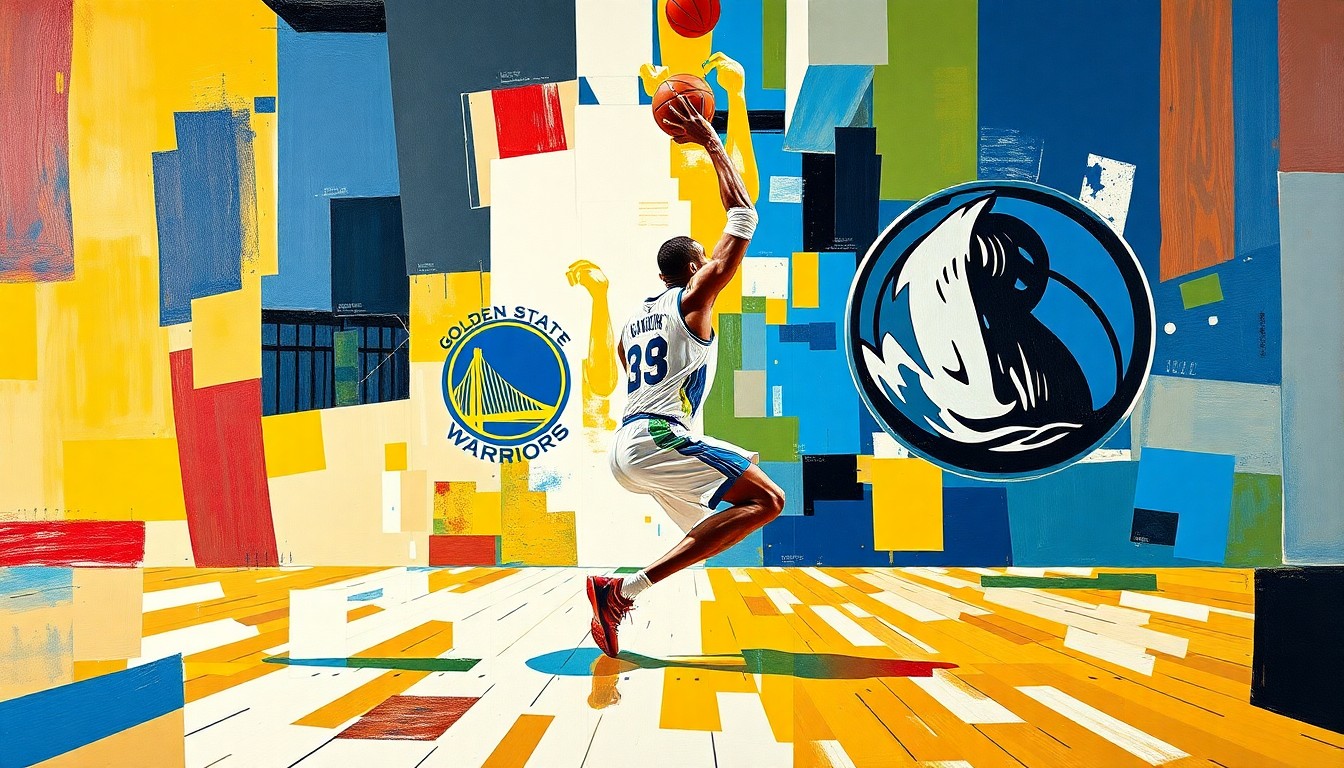 A fragmented, cubist-style painting depicting the movements and positioning of a basketball player on the court, with sharp geometric shapes and planes in the official colors of the Golden State Warriors and Dallas Mavericks.