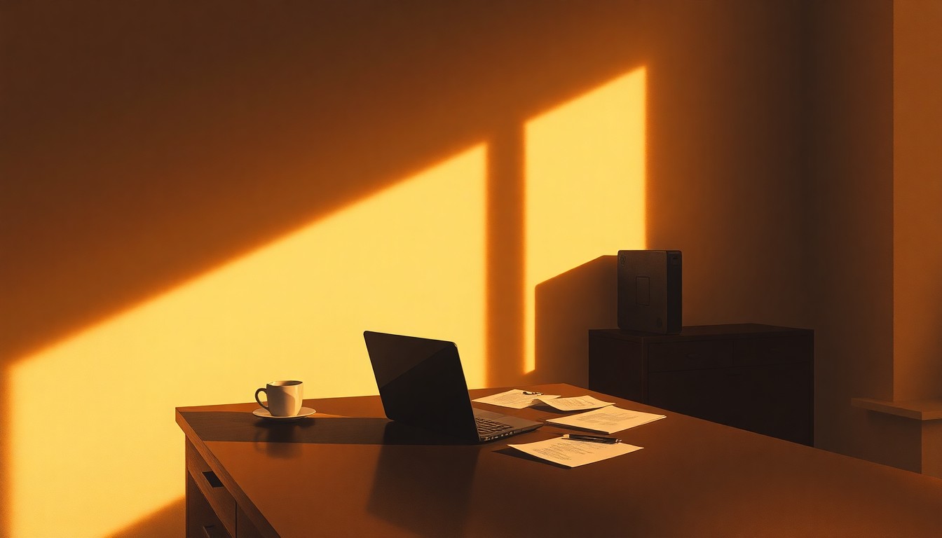 A dimly lit office desk with a laptop, coffee mug, and scattered papers, creating a sense of solitude and contemplation around the political and legal debates surrounding the new tax.