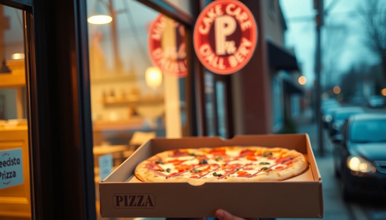 A blurred, out-of-focus photograph showing the silhouette of a person carrying a pizza box out of a local pizzeria, with the warm, hazy background suggesting a cozy, neighborhood setting.