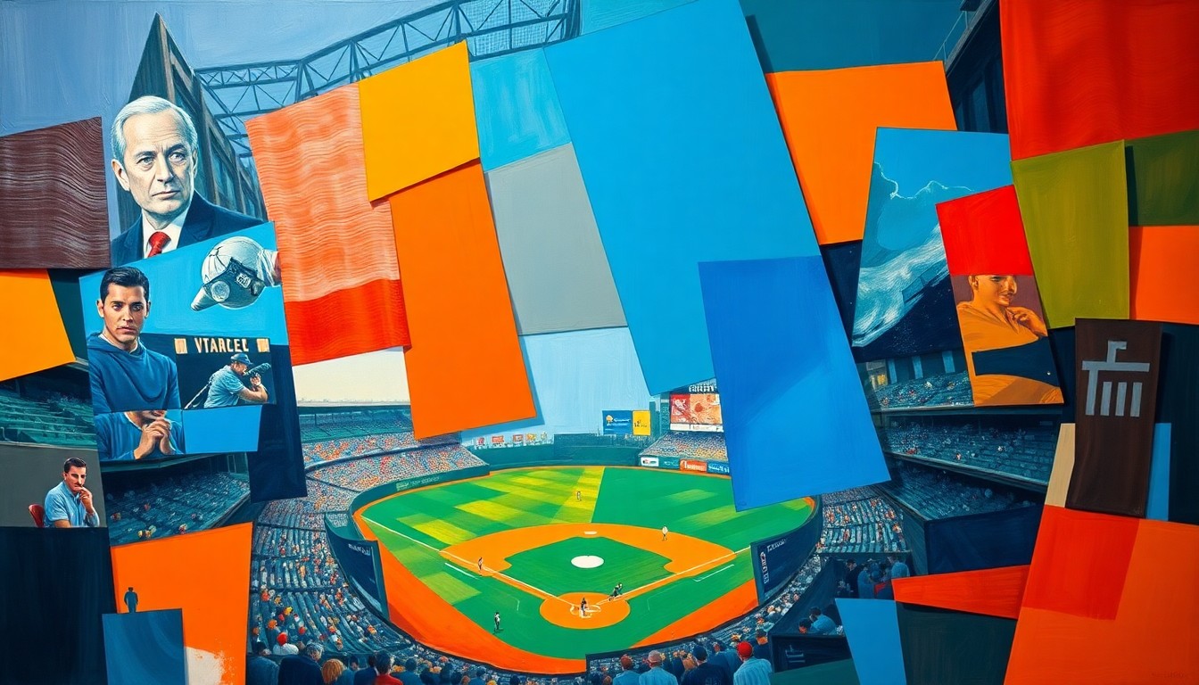 A fractured, geometric painting in bold, vibrant colors depicting the action and movement of a baseball game, with players and the field broken down into sharp, overlapping planes.