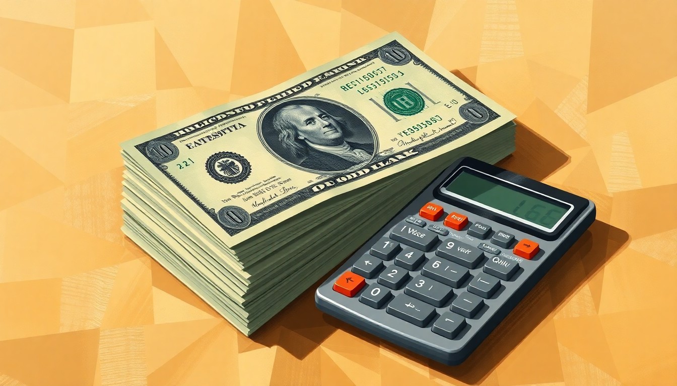 A vibrant, abstract painting composed of overlapping geometric shapes and waves of warm earth tones and metallic accents, depicting a stack of dollar bills and a calculator, conceptually representing the complex financial dynamics behind minimum wage politics.