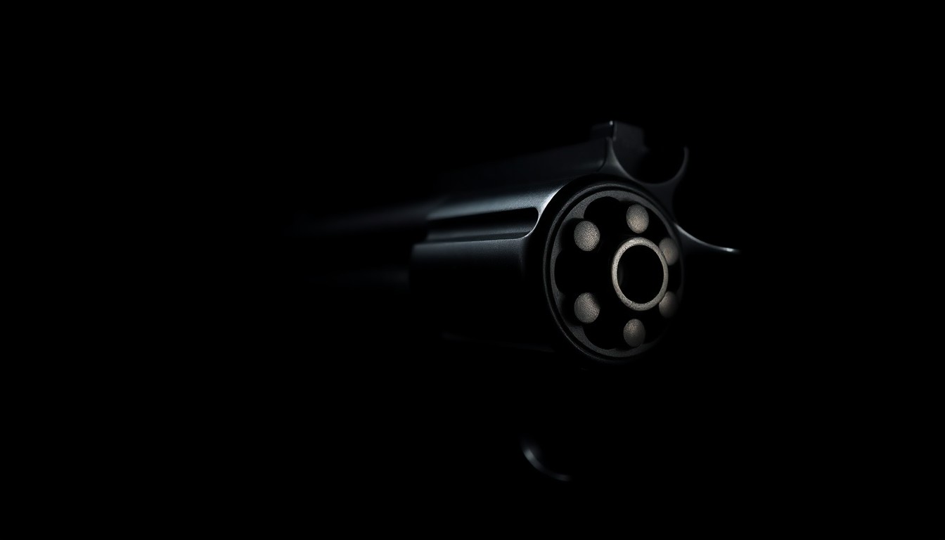 An extreme close-up photograph of a .357 Magnum revolver cylinder, the metallic surface reflecting the harsh lighting and creating a dramatic, investigative mood without any words or text.