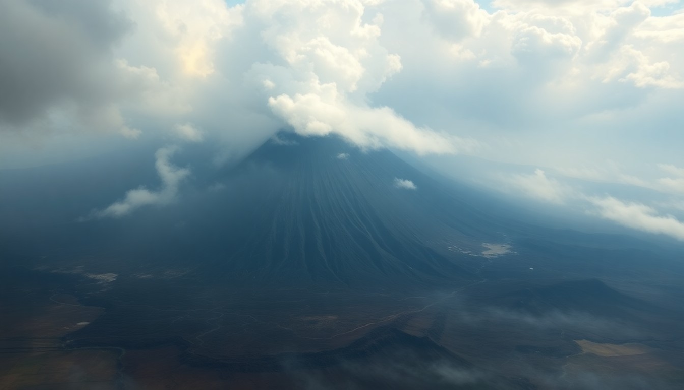 A vast, atmospheric landscape painting depicting the Kīlauea summit caldera shrouded in a hazy veil of volcanic ash and steam, conveying the overwhelming, sublime power of the natural world.