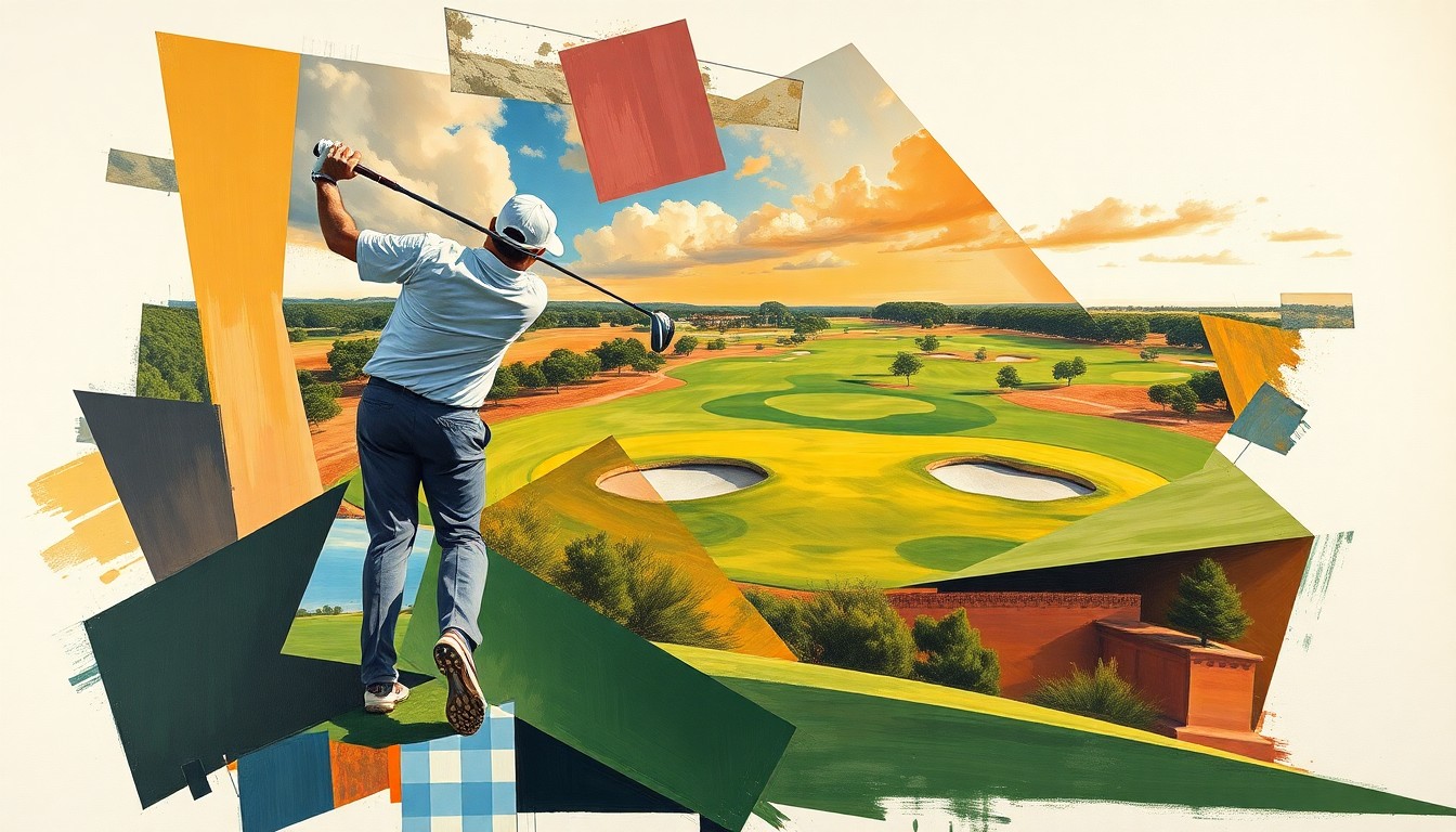 A fragmented, geometric painting depicting a golfer's swing and the TPC San Antonio golf course, conveying the dynamic energy and multiple perspectives of the sport.