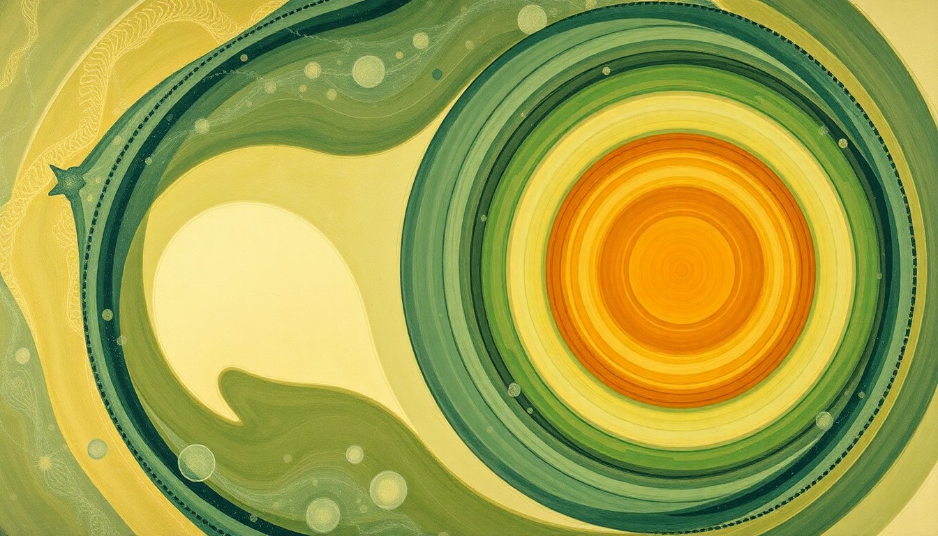 A highly structured abstract painting in soft, earthy tones of green, brown, and blue, featuring sweeping geometric arcs, concentric circles, and precise botanical spirals, conceptually representing the complex forces and structures of the genome.