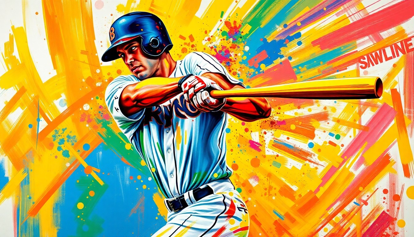 An extreme close-up of a baseball player's powerful swing, with vibrant neon paint strokes capturing the explosive energy and motion of the hit, conceptually representing the game-changing grand slam that led to the Twins' win.