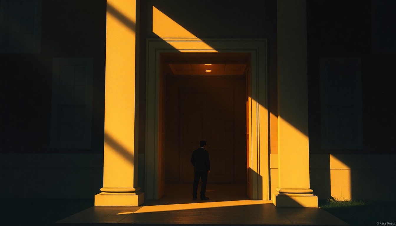 A solitary figure stands in the doorway of a courthouse, the scene bathed in warm, cinematic lighting and deep shadows, conveying a sense of unease and uncertainty.