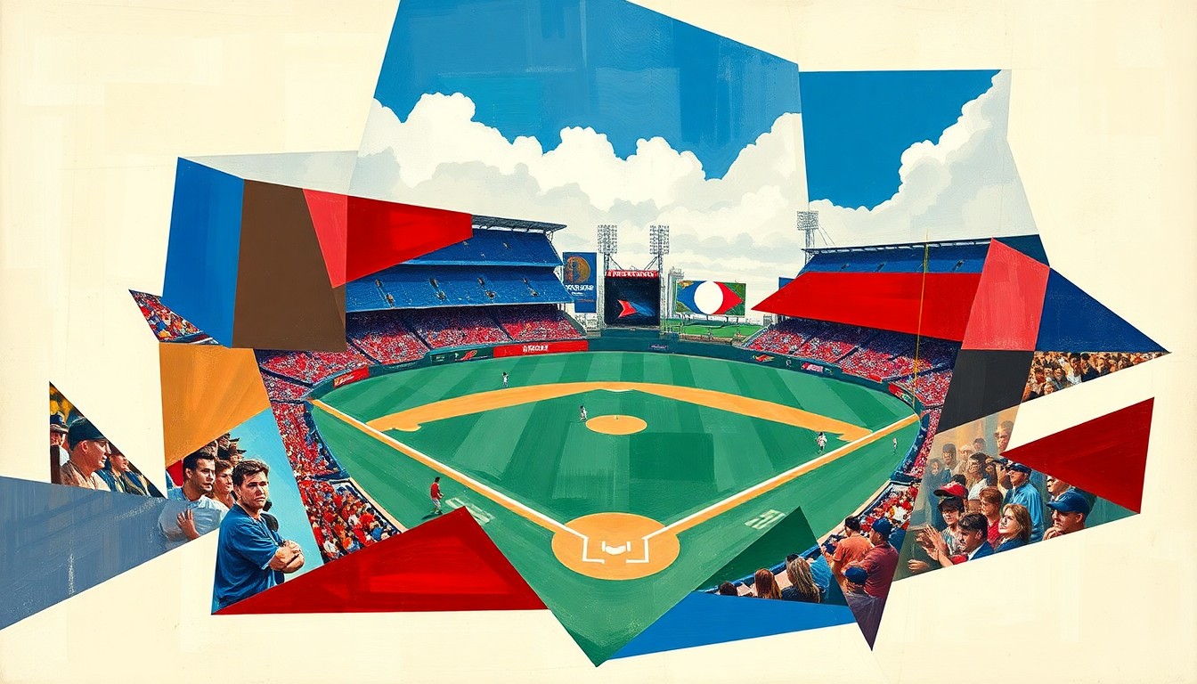 A fragmented, geometric painting depicting a baseball game, with sharp planes of red, white, and blue intersecting to create a conceptual scene about the tensions between a sports team and its host city.