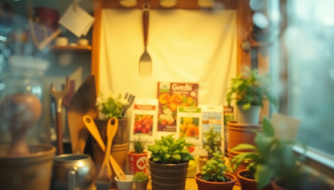 An abstract, out-of-focus image featuring blurred shapes and colors representing gardening tools, seed packets, and potted plants, conveying the atmospheric mood of a community-driven gardening initiative.
