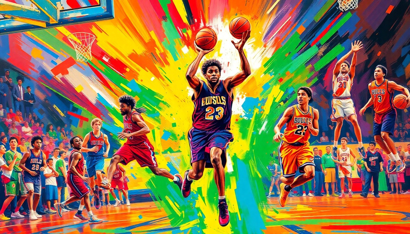 An abstract, energetic painting featuring bold brushstrokes in neon shades of orange, yellow, and blue, capturing the dynamic movement and intensity of a high school basketball game.