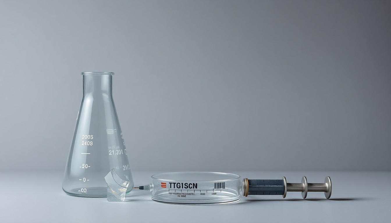 A photorealistic studio still life featuring broken scientific equipment arranged in a minimalist, elegant composition, conceptually representing the corporate difficulties facing the biotech company Atara Biotherapeutics.