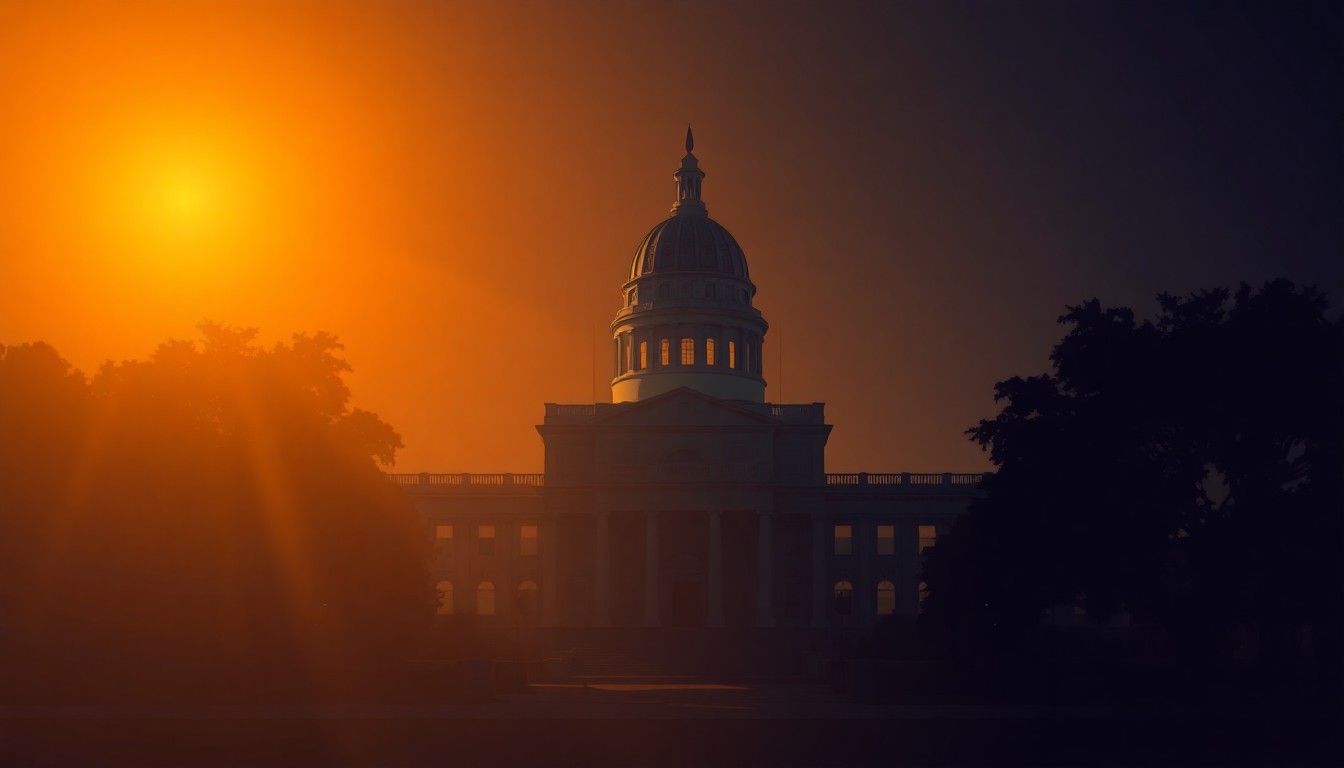 A photorealistic painting of the California state capitol building in Sacramento, rendered in a warm, cinematic style with dramatic lighting and deep shadows, conveying a sense of quiet contemplation around the state's political landscape.